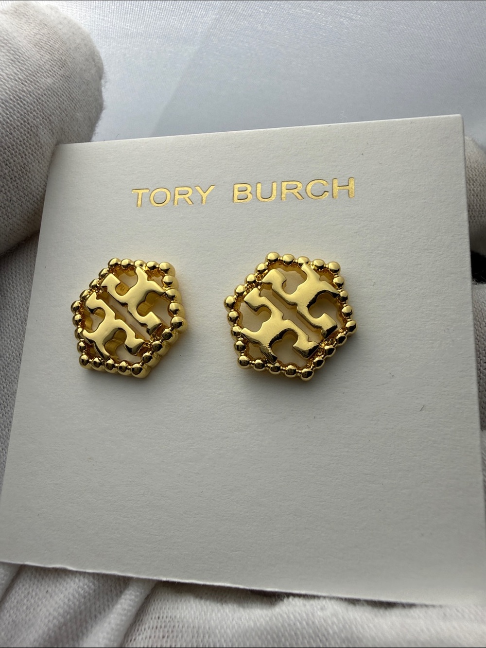 Tory Burch Gold Logo Beaded Hexagon Stud Earrings - Picture 3 of 5